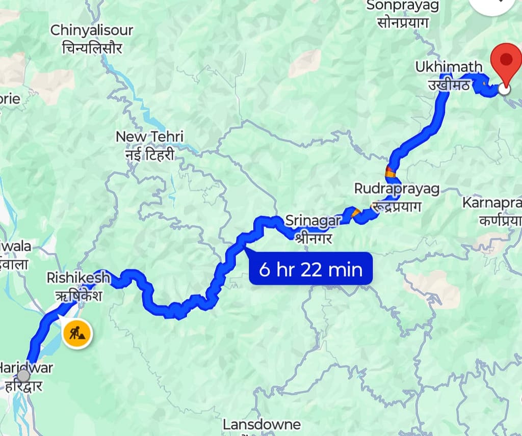 Map view from Haridwar to Tungnath, marking all major stops