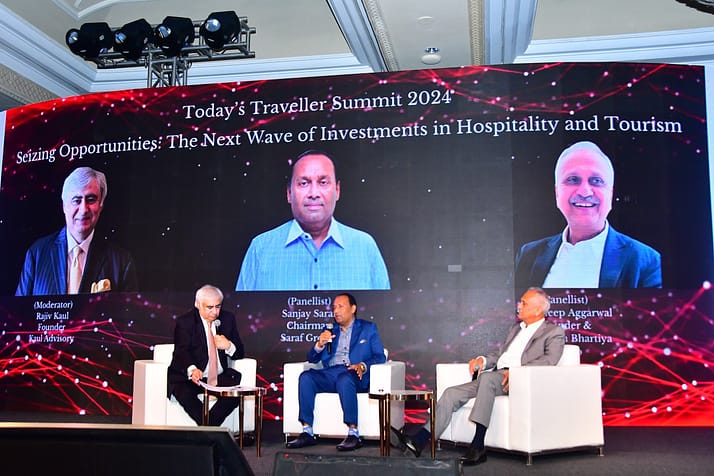 Seizing Opportunities: The Next Big Wave of Investments in Hospitality and Tourism. y Rajiv Kaul, Founder of Kaul Advisory, with Snehdeep Aggarwal, Founder and Chairman of Bhartiya Group, and Sanjay Saraf, Chairman of Saraf Group