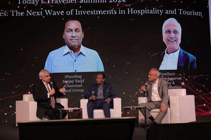 Seizing Opportunities: The Next Big Wave of Investments in Hospitality and Tourism. Rajiv Kaul, Founder of Kaul Advisory, with Snehdeep Aggarwal, Founder and Chairman of Bhartiya Group, and Sanjay Saraf, Chairman of Saraf Group