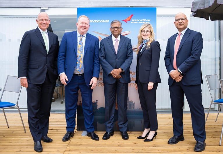 Left to Right: Campbell Wilson, CEO & MD, Air India, Stan Deal, President and CEO of Boeing Commercial Airplanes, 
N. Chandrasekaran, Chairman of Tata Sons and Air India, Stephanie Pope, President and CEO of Boeing Global Services and Nipun Agarwal, Chief Commercial and Tranformation Officer, Air India