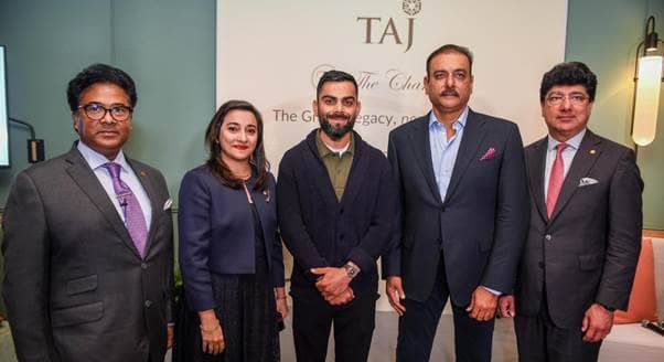 The Chambers - L to R: Prabhat Verma, IHCL, Mehrnavaz Avari, IHCL, Indian Cricketers - Virat Kohli and Ravi Shastri, 
with Puneet Chhatwal, MD & CEO- IHCL